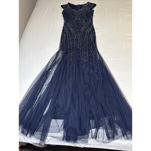 Xscape Navy Blue Beaded Mermaid Gown Womens 6 Formal Prom Dress Wedding EUC
